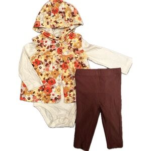 Carter’s 3 Piece Baby Girl Set - Bodysuit, Leggings, Hooded Buttoned Vest - 9M